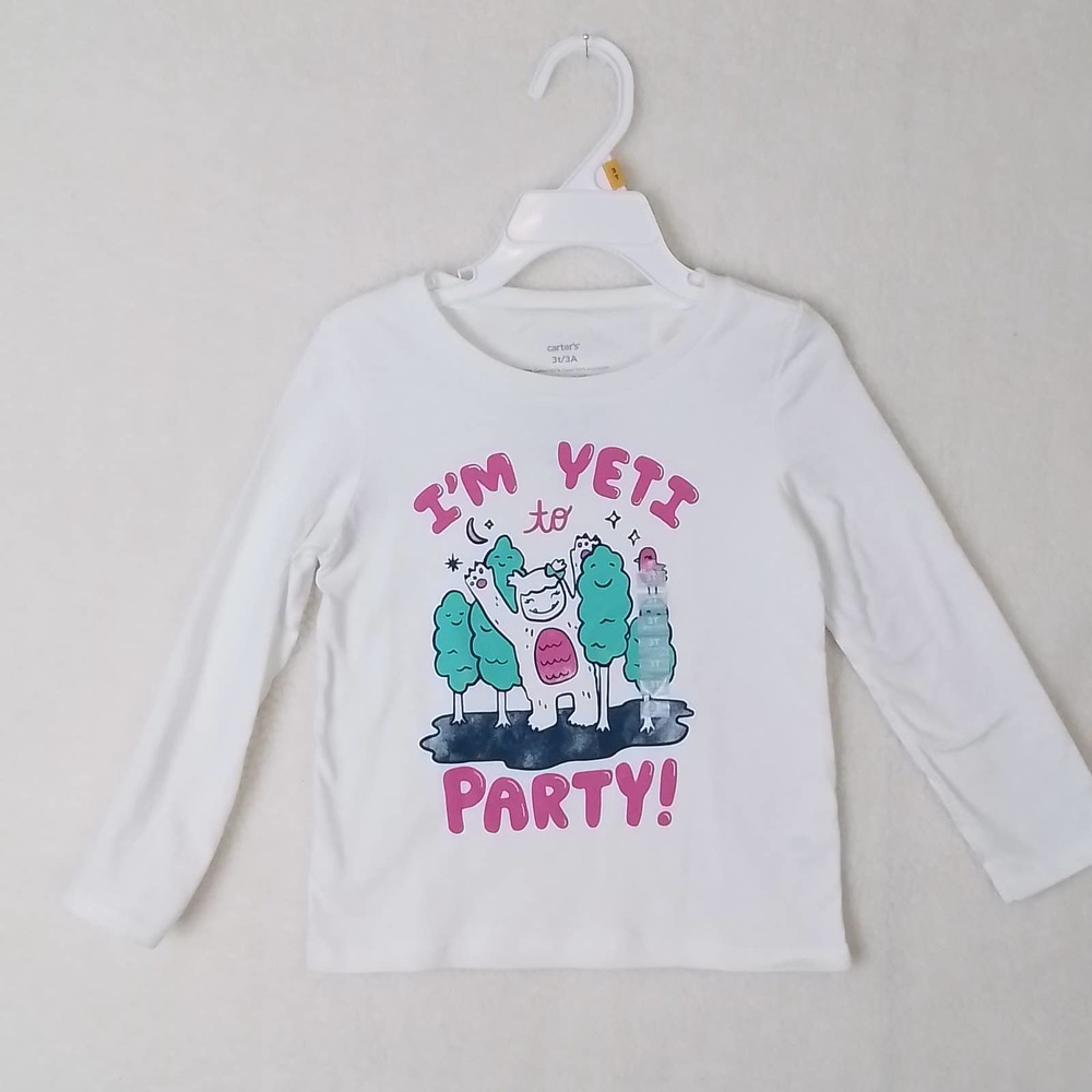 Carter's Kid Long Sleeve Cotton T-Shirt Girl's Size 3T White‎ w/ Yeti Theme